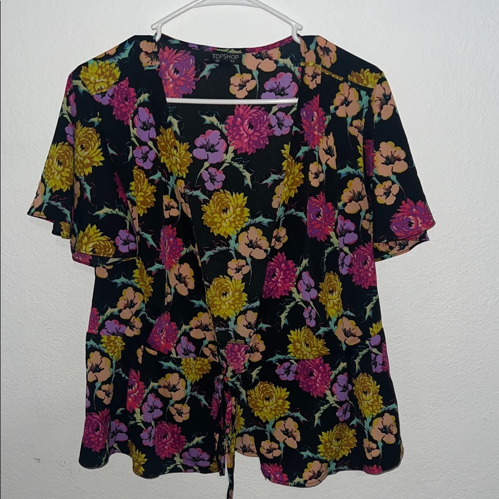 Topshop Black Floral Blouse with Pink and Yellow Accents